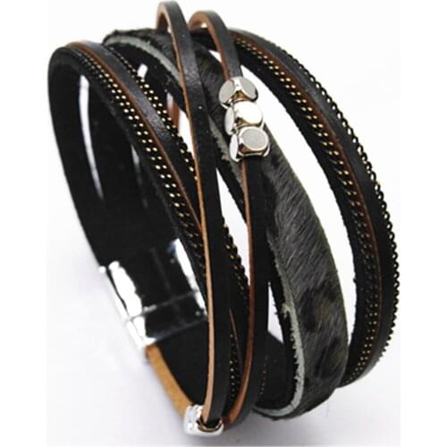 Black Chain White Horse Hair Magnet Fashion Leather Leopard Bracelets for Women Multilayer Bangle Female Wedding Jewelry Gifts