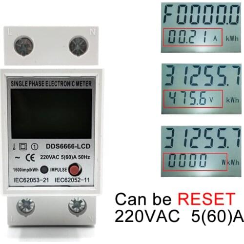 Din Rail Digital LCD Single Phase electric Energy Meter kWh Power Consumption Meter Wattmeter Electronic AC 220V 60A Reset Zero