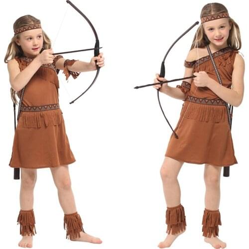 Kids Girls Indian Princess Archer Hunter Dresses Outfit Halloween Cosplay Costumes Masquerade Party Role Play Dress Up Suit