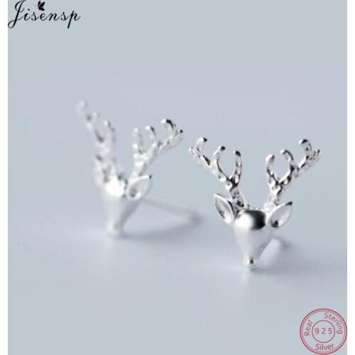 Jisensp Christmas Accessories 925 Sterling Silver Antler Deer Stud Earrings for Women Kids Cute Elk Animal Earrings Pendientes