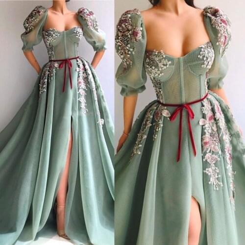 Sweetheart Neck High Slit Lace Beaded Appliques Mint Green Evening Dress 2020 Half Sleeves A-Line Dubai Long Prom Party Gowns