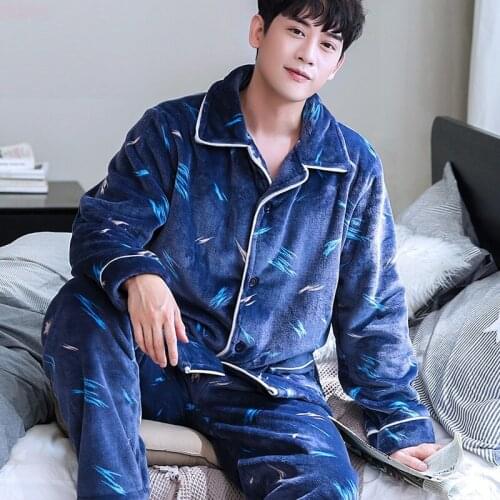H5902 Fashion Pajamas Men Plus Thick Coral Velvet Korean Nightwear Set Autumn Winter Loose Casual Sleepwear Home Clothes Suit