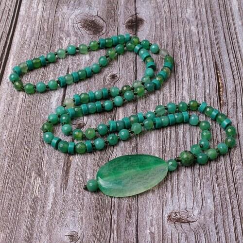 Fashion Bohemian Jewelry Green Semi Precious Stones Long Knotted Matching Stone Pendant Necklaces
