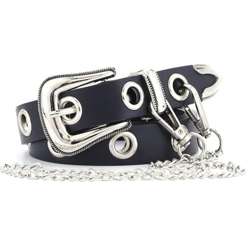 New Punk Black Leather Belt for Women Big Hole Hollow Grommet Pin Buckle Harness Belt Chain Waist Belts Female Hip-hop Waistband