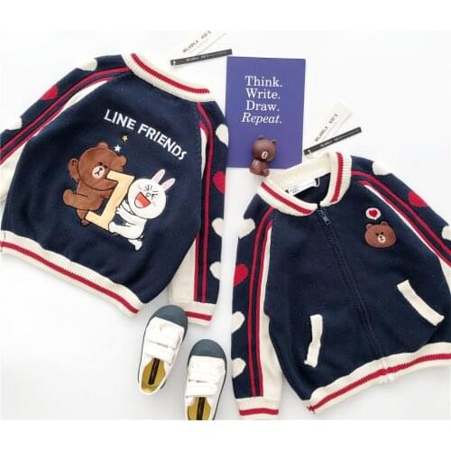 Tonytaobaby Autumn and Winter New Boys and Girls Dark Blue Love Bear Zipper Sweater