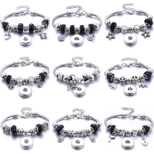 New Black Snap Button Bracelet Lobster Buckle Snake Chain Bangles Beaded Snap Bracelet Fit 18MM Snap Buttons Jewelry