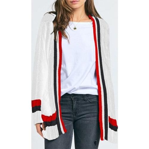 Autumn Winter Sweater Cardigans 2021 Fall V-Neck Mid-Long Loose Striped Patchwork Casual Women Open Stitch Sweater Coat
