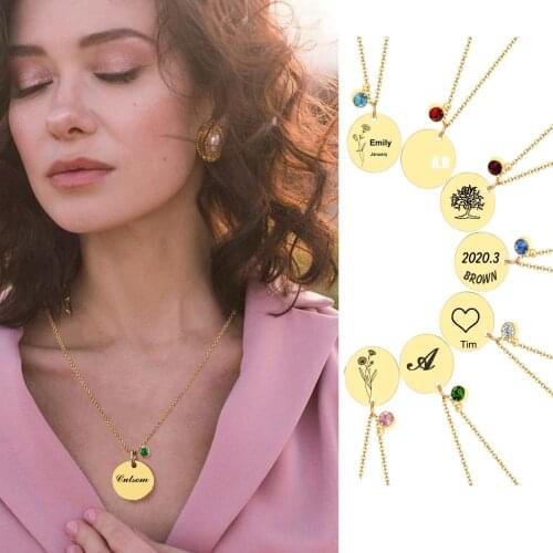 Personalized Disc Coin Necklace, Custom Birthstone Pendant Stainless Steel Initial Necklace , Women Mom Wife Birthday Gifts