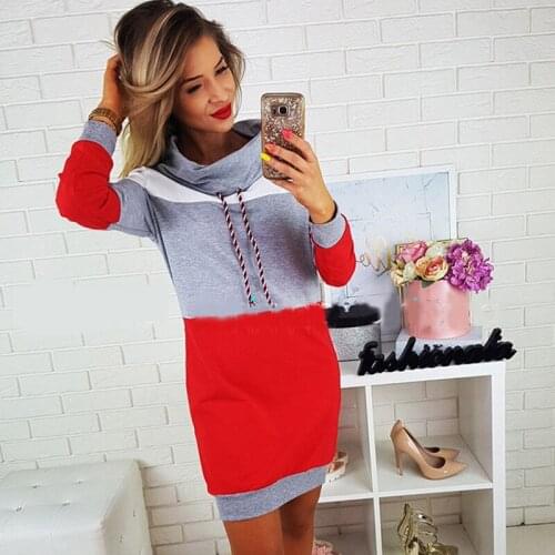 Bigsweety Casual Patchwork Hoodie Dress New Fashion Autumn Winter Turtleneck Long Sleeve Hooded Sweatshirt Mini Dress Vestidos