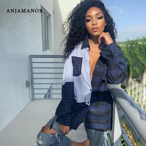 ANJAMANOR Fashion Patchwork Striped Plaid Shirts Casual Loose Long Blouse Women Clothes Sexy Button Up Long Sleeve Tops D22-DC24
