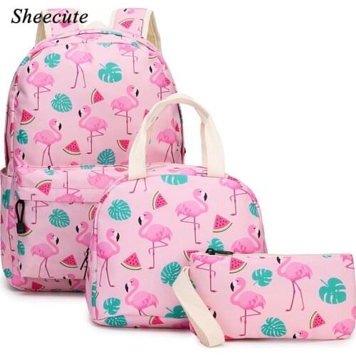 Children Backpacks School Bags for Teenage Girls Backpack Pink Flamingo Print Backpack Three-piece Kids Shoulder Bag Handbags