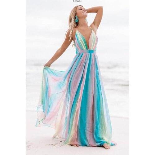 Echoine Sexy Deep V Rainbow Mesh Sling Dress Maxi Dresses For Women Beach Wear Plus Size