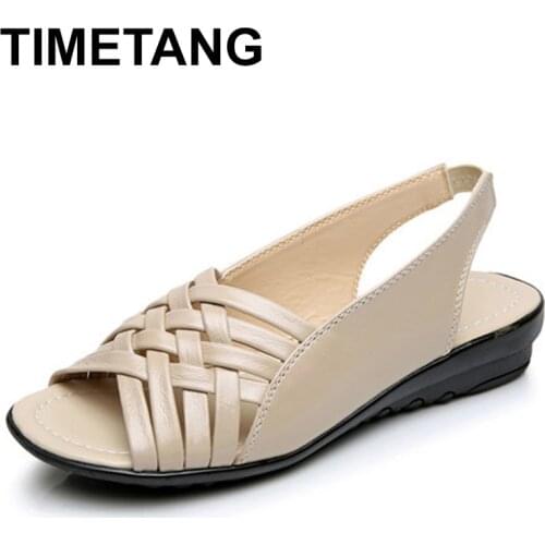 TIMETANGWomen Sandals Fashion Summer Women Shoes Woman Genuine Leather Open Toe Flat Sandals Comfortable Casual Women Sandals
