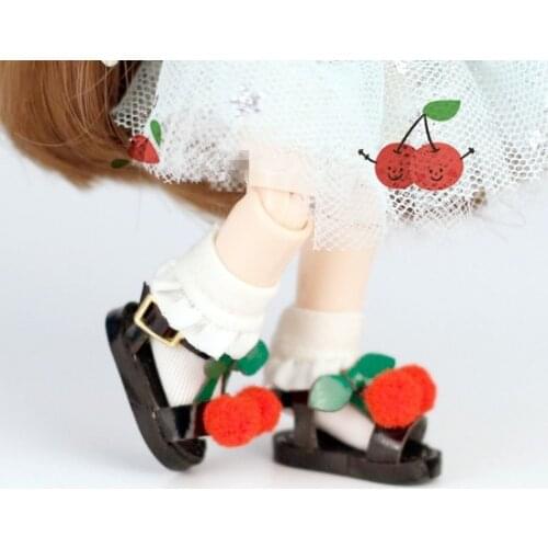Blythes doll shoes fit in a stylish versatile 1/6 size OB11 1/12 with a lovely summer red cherry sandal in black and white gold