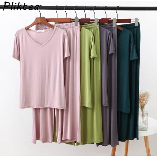 2 Piece Set Modal Homewear for Women Solid Color Loose Pajamas 2021 Short Sleeve T Shirt and Pants Summer Home Clothes for Women