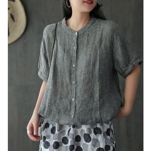 Johnature Cotton Linen 3 Color O-neck Short Sleeve Single Breasted Shirt 2020 Summer New Simple Comfortable All-match Women Tops