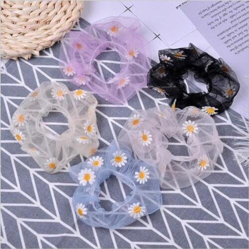 Fshion Women Girls Summer Embroidery Flower Chiffon Scrunchie Ponytail Holder Elastic Hair Rubber Bands Fashion Hair Accessories