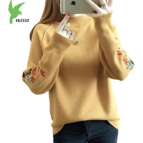 2018 Winter Thick Warm Embroidery Turtleneck Sweater Women Long Sleeve Half high collar Knit Pullover Sweaters Female Plus size