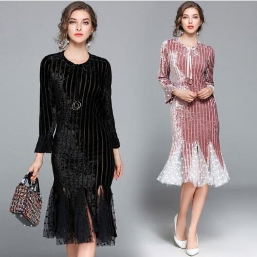 Womens Dress 2018 Autumn And Winter New Womens Slim Stitching Fishtail Velvet Lotus Leaf Sleeve Winter Dress Women