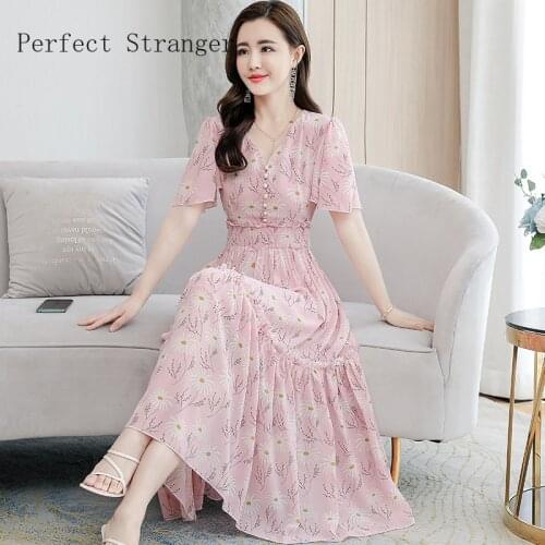 2020 Summer New Arrival High Quality Elegant V Collar Short Sleeve Printed Women Chiffon Long Dress