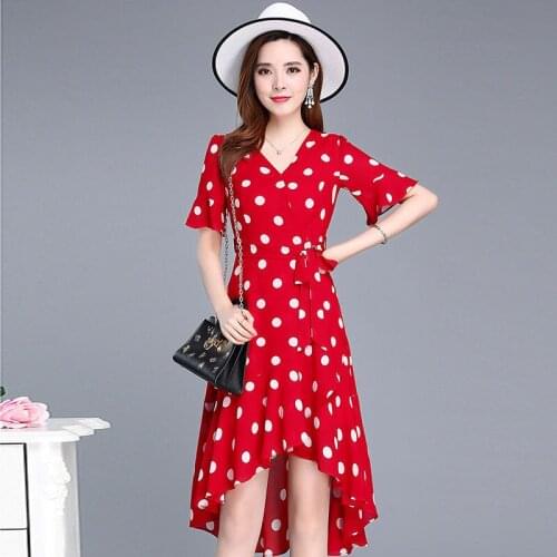 Women Spring Summer Style Slim Dresses Lady Casual Short Sleeve O-Neck Polka Dot Printed Dress Vestidos ZZ0366