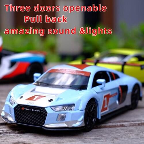 1:32 AUDI R8 LMS Pull Back Alloy Sports Car Model Diecast Toy Three doors openable Sound Light Super Racing Collection Model