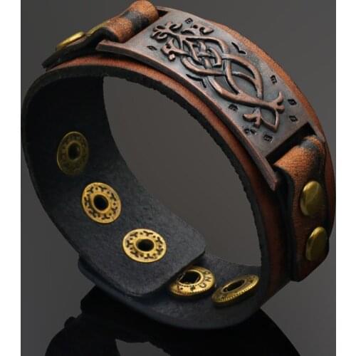 2021 Fashion Jewelry Vintage Khaki Leather Rivet Buckle Bracelet Charm Punk Cuff Pattern Wide Leather Couple Bracelet Pulsera