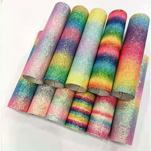 Super Shiny Rainbow Stripe Iridescent Chunky Glitter Faux Artificial Leather Fabric Sheet for Decoration/Hair Bow/Craft Making