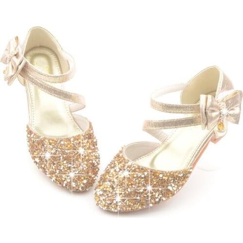 Kid Summer Sandals Heels Little Girl Princess Dress Fashion Sequins Bow Wedge Children Party Dance Leather Shoes 3 To 7 10 Years
