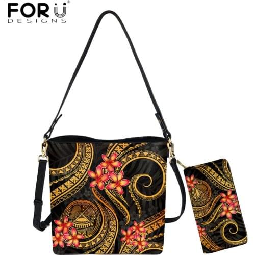 FORUDESIGNS 2021 New Design Women Bucket Bag And Purse Samoan Polynesian Tribal Plumeria Printing Female Shoulder Sac Handbags