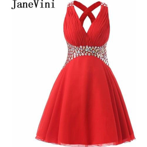 JaneVini 2018 Short Red Bridesmaid Dress with Shiny Sequins Chiffon Girls V-Neck Wedding Party Dresses Vestidos Dama De Honra