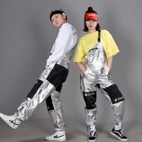 Hip Hop Costumes Women Men Silver Bib Overalls Jumpsuit Adults Jazz Stage Clothes Street Dance Outfit Performance Wear DN5380