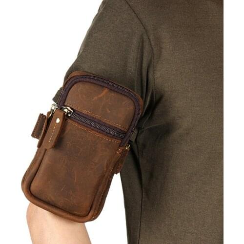 Crazy horse leather arm bag sports outdoor Run wear arm bag mens mobile phone bag Europe and America leisure small safty bag
