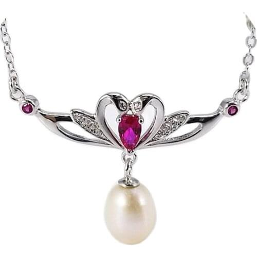 MADALENA SARARA Sterling Silver S925 8mm AAA Freshwater Pearl Pendant Chain Necklace Twice Bird Heart Style Women Necklace