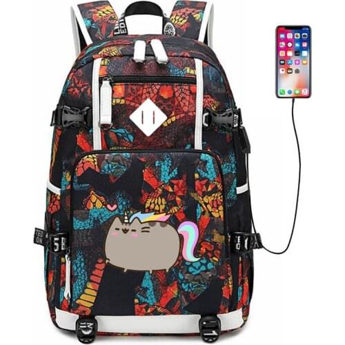 Cat Skating Cute Fat Cat backpack mochila Rucksacks unicorn Student School travel bags Daypack Laptop bag USB charging
