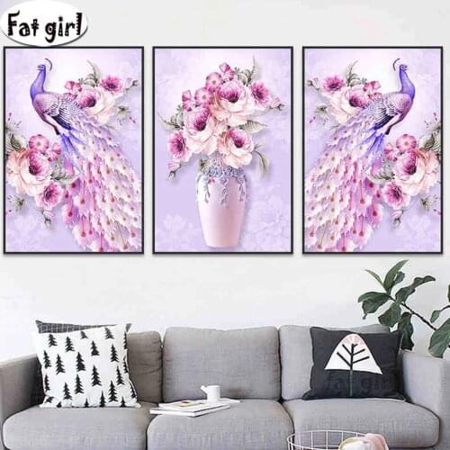 3 pieces Pink peafowl and flower 5D diamond painting cross stitch full square round drill diy embroidery mosaic Rhinestone kits