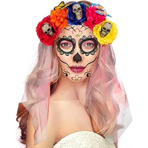 2020 New Halloween Day of The Dead Colorful Rose Flower Crown Mexican Headband Costume Party Headpiece Skull Lace Veil Hariband