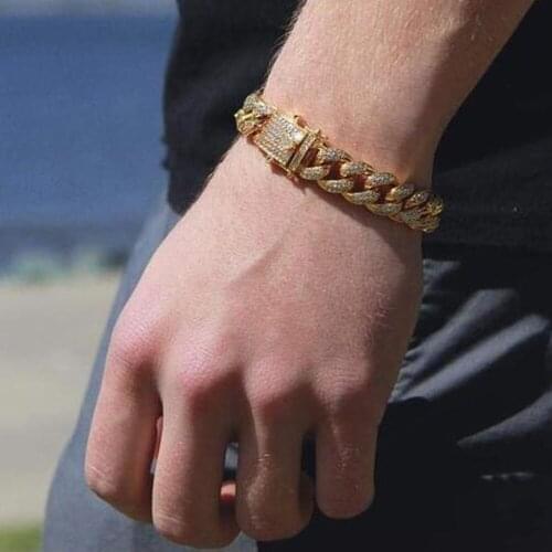 New Fashion Gold Color Rhinestone Bracelet for Women Men Miami Cuban Big Hip Hop Bracelet 8 Inch Jewelry for Mens Rapper D30