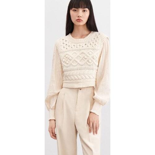 2021 autumn new arrival womens sweet and fake two-piece stitching jacquard round neck knitted long-sleeved T-shirt