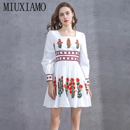 MIUXIMAO 2020 Fall Dress Newest Full Sleeve Cute Embroidery Red Flower Elegant Silm Casual Dress Women Vestidos