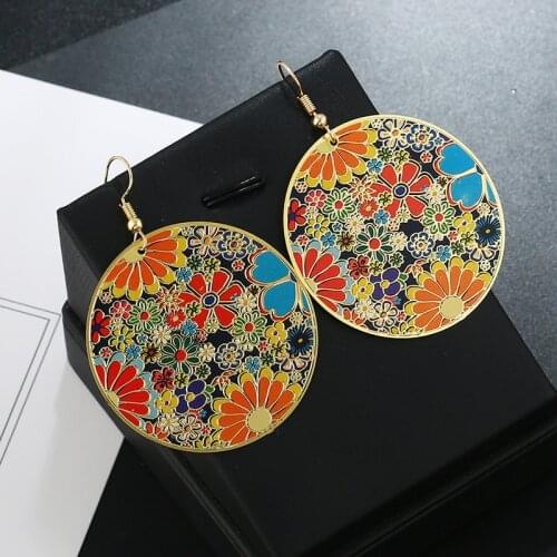 Color earrings JOYME Retro Bohemian Drop Earrings Enamel Carving Flower Gold Statement Ethnic Jewelry Round Big Female earrings