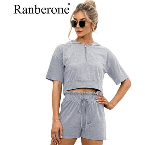 Ranberone Zipper Hoodie + Shorts Casual Suit Womens Tracksuit Solid Color Two Piece Set Sport Clothing 2021 Matching Sets Women