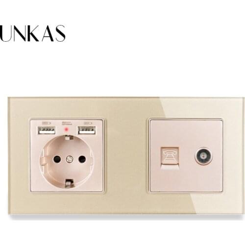 UNKAS Crystal Glass Panel EU Standard Electric Socket with 2 USB + 1 Gang RJ11 Telephone and Female TV Jack Connector 172*86mm