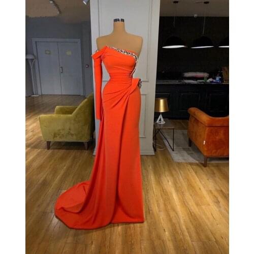 One-shoulder Evening Dresses Sheath Long Sleeves Beaded Dubai Saudi Arabia Long Evening Gown Prom Dress Robe De Soiree