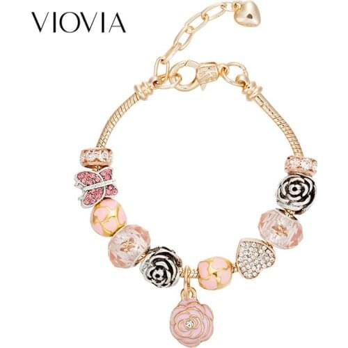 VIOVIA 2019 New Fashion Jewelry Charms Bracelet & Bangles Pink Beads Fit Original Bracelet for Women Diy Jewelry B18004
