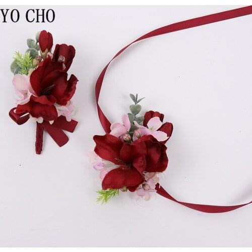 YO CHO Boutonnieres for Groom Girl Wrist Corsage Wedding Bridal Wrist Corsage Red Rose Bracelet Silk Flower Wedding Supplies