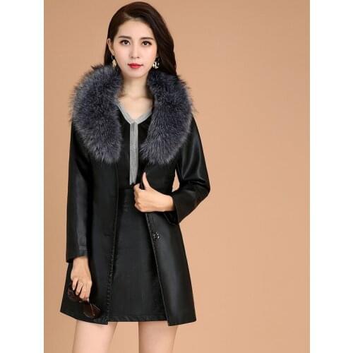 Women Faux Leather Long Cotton Jackets Big Fur Collar Trench Coat Female Warm Streetwear Pu Leather Outerwear Elegant Clothing