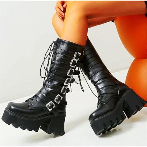 Platform Shoes Womens Punk Strap Buckle Mid Calf Boots Ankle High Heels Round Toe Creepers Oxfords Goth 34 35 36 37 38 39