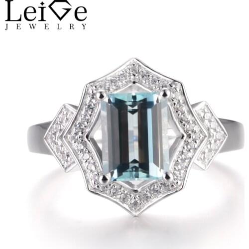 LeiGe Jewelry Natural Blue Aquamarine Engagement Rings March Birthstone Rings Emerald Cut Blue Stone Ring 925 Sterling Silver