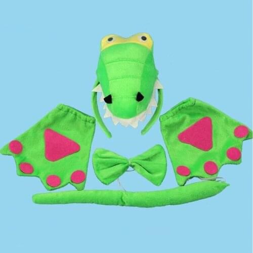 New 3D Green Crocodile Dinosaur Headband Bow Tie Tail Paws Gloves Kids Cosplay Performance Props Halloween Party Favor
